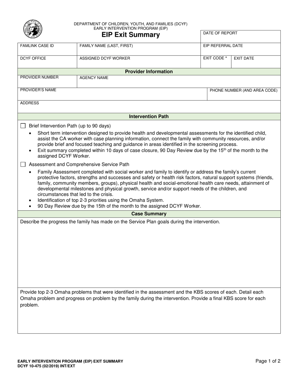 DCYF Form 10-475 Early Invention Program (Eip) Exit Summary - Washington, Page 1