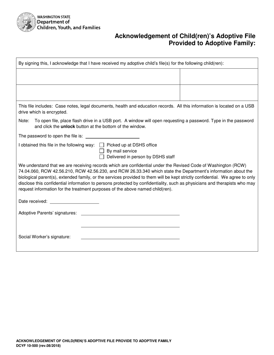 DCYF Form 10-500 Acknowledgement of Child(Ren)s Adoptive File Provided to Adoptive Family - Washington, Page 1
