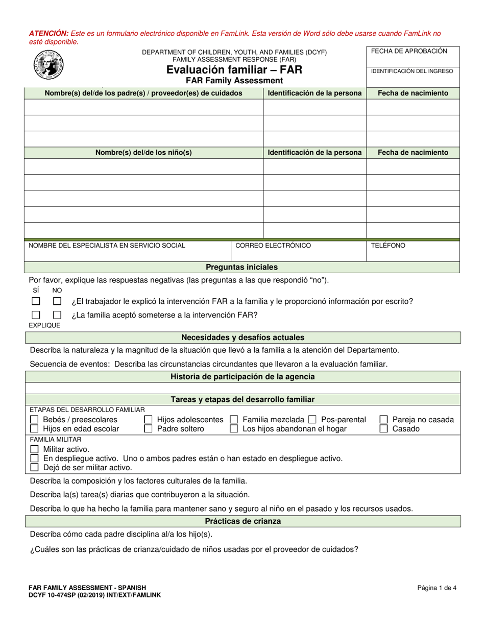 DCYF Formulario 10-474SP Evaluacion Familiar - Far - Washington (Spanish), Page 1