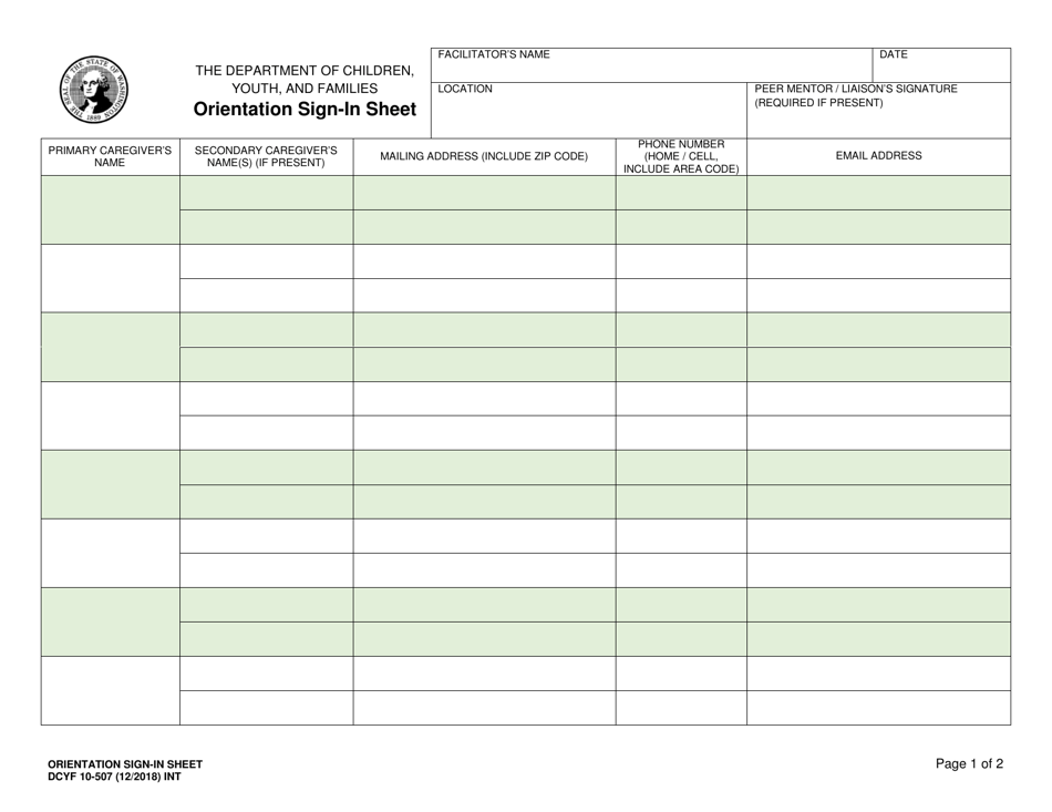 DCYF Form 10-507 Orientation Sign-In Sheet - Washington, Page 1