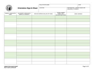 DCYF Form 10-507 Orientation Sign-In Sheet - Washington, Page 2
