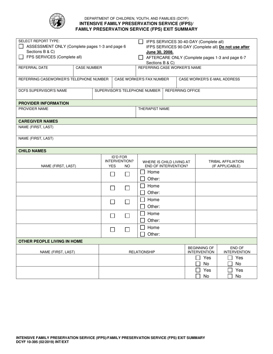 DCYF Form 10-395 Intensive Family Preservation Service (Ifps) / Family Preservation Service (Fps) Exit Summary - Washington, Page 1