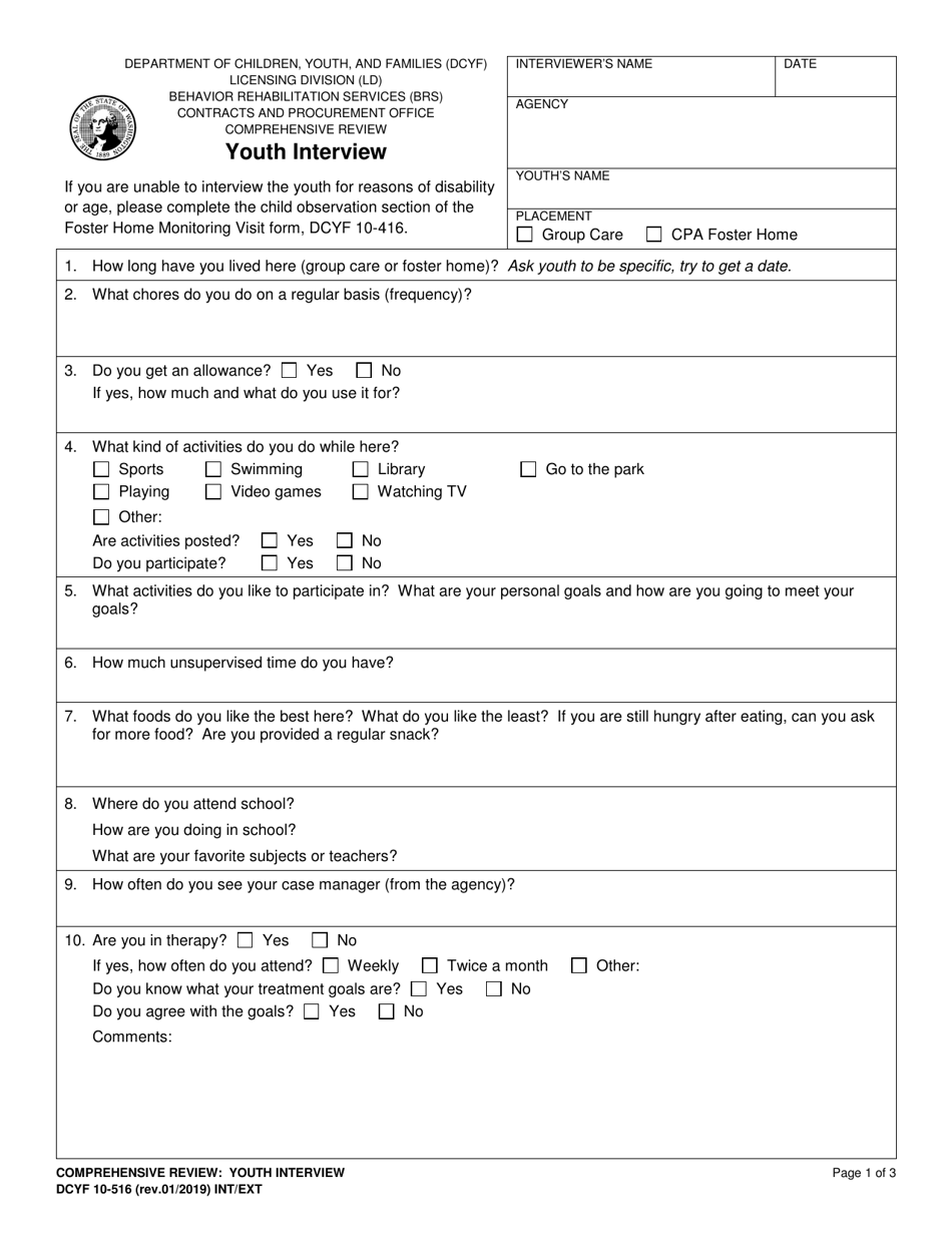 DCYF Form 10-516 Youth Interview - Washington, Page 1