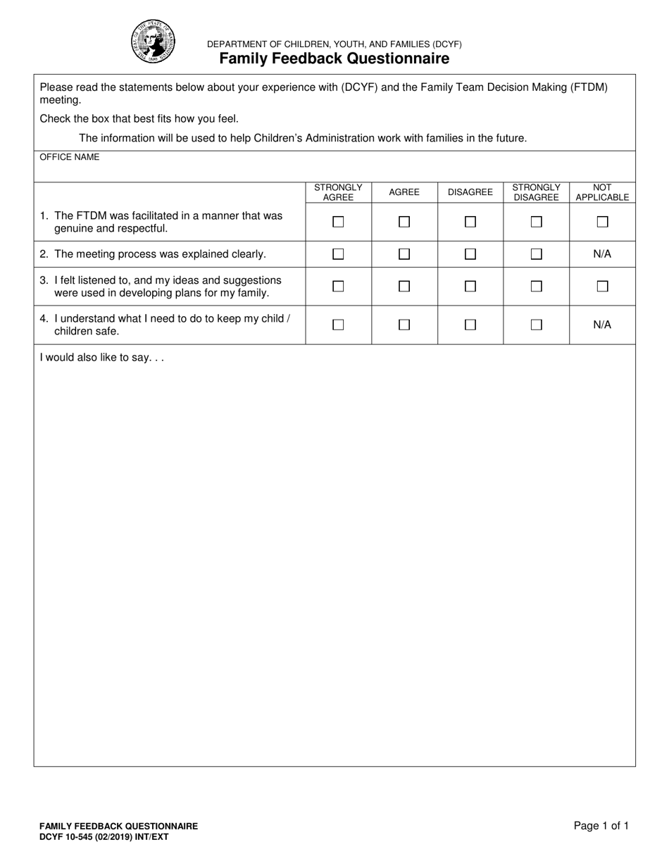 DCYF Form 10-545 Family Feedback Questionnaire - Washington, Page 1