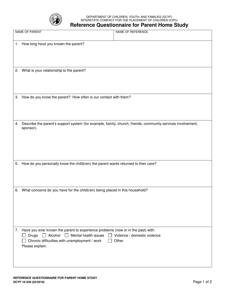 DCYF Form 10-539 Interstate Compact for the Placement of Children (Icpc) Reference Questionnaire for Parent Home Study - Washington, Page 1