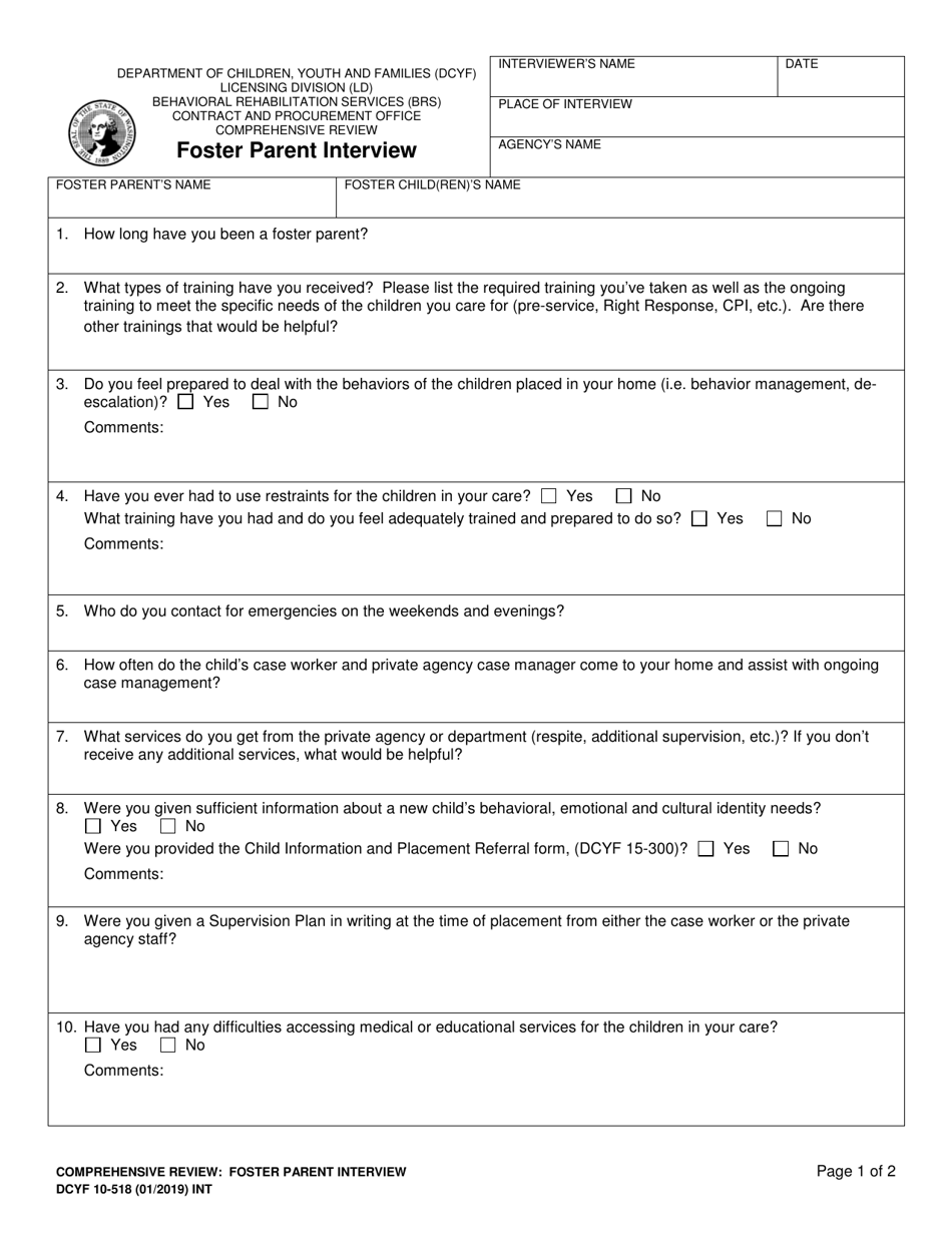 DCYF Form 10-518 Foster Parent Interview - Washington, Page 1