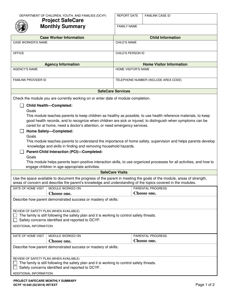 DCYF Form 10-540 Project Safecare Monthly Summary - Washington, Page 1