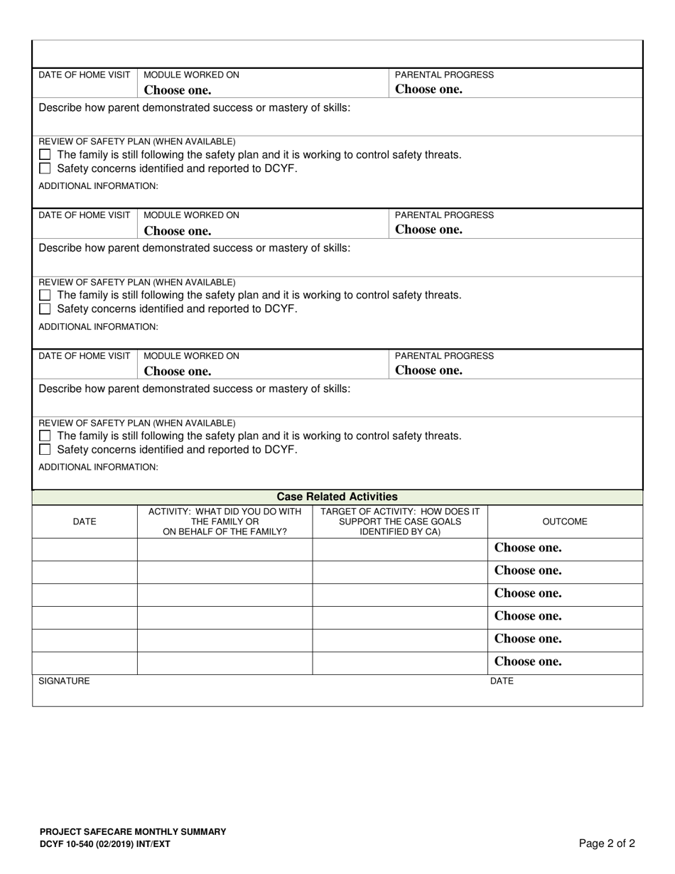DCYF Form 10-540 Project Safecare Monthly Summary - Washington, Page 2