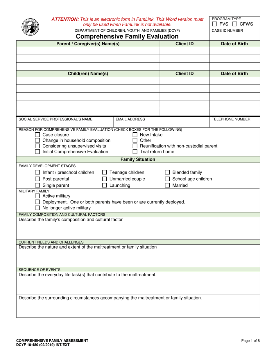 DCYF Form 10-480 Comprehensive Family Evaluation - Washington, Page 1