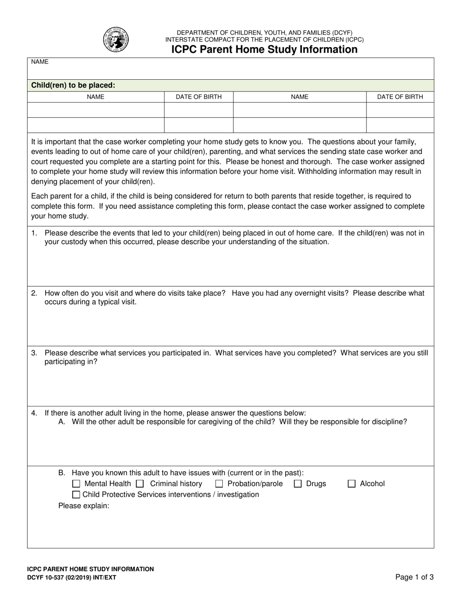 DCYF Form 10-537 Interstate Compact for the Placement of Children (Icpc) Parent Home Study Information - Washington, Page 1