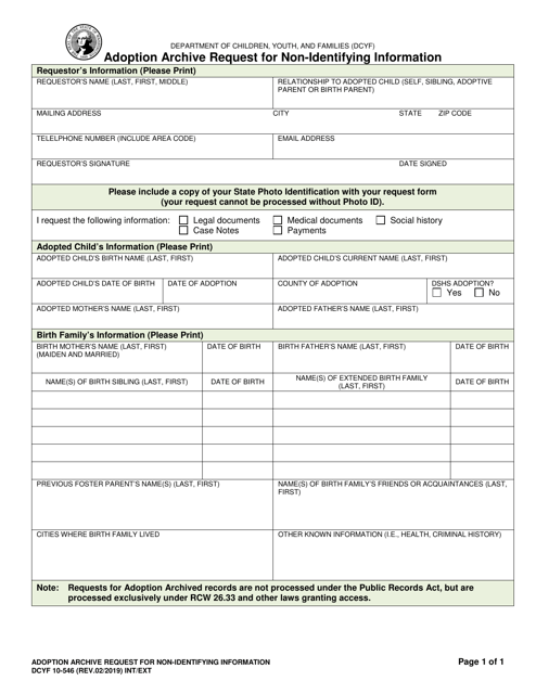 DCYF Form 10-546 Adoption Archive Request for Non-identifying Information - Washington