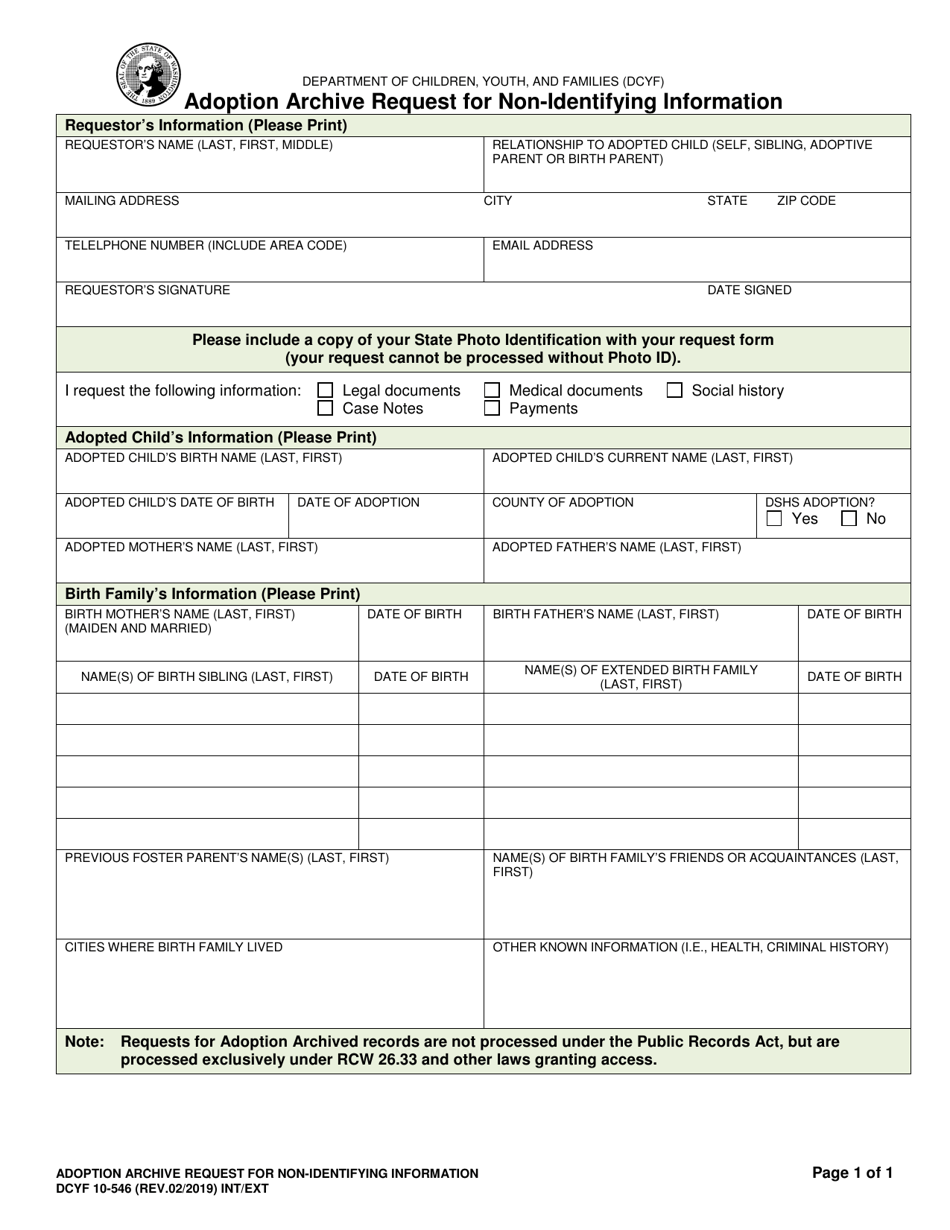 DCYF Form 10-546 Adoption Archive Request for Non-identifying Information - Washington, Page 1