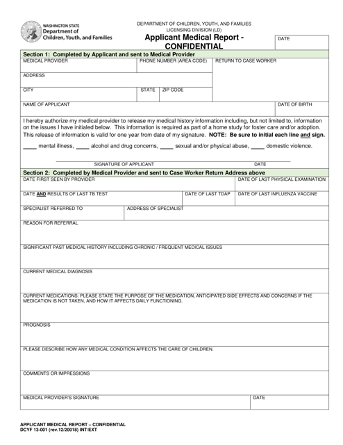DCYF Form 13-001 Applicant Medical Report - Confidential - Washington