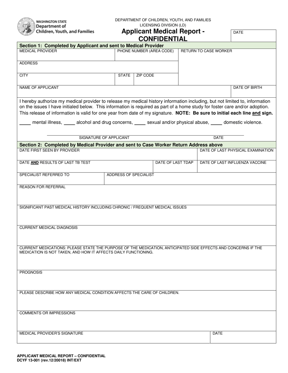 DCYF Form 13-001 Applicant Medical Report - Confidential - Washington, Page 1