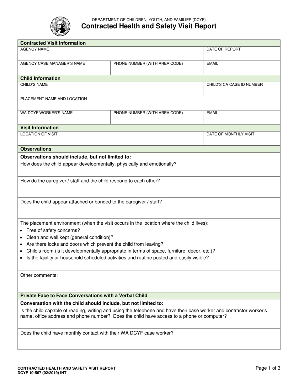 DCYF Form 10567 Download Fillable PDF or Fill Online Contracted Health