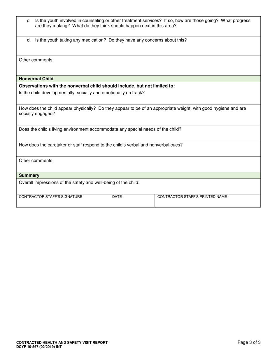 DCYF Form 10-567 Contracted Health and Safety Visit Report - Washington, Page 3