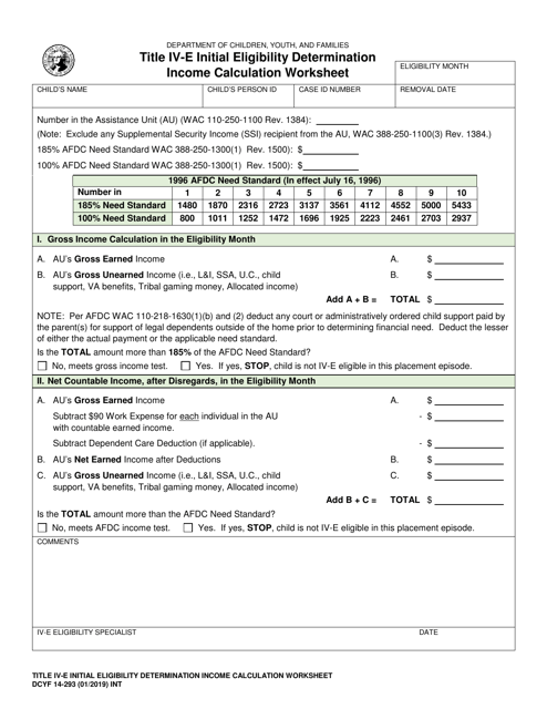 DCYF Form 14-293 Title IV-E Initial Eligibility Determination Income Calculation Worksheet - Washington