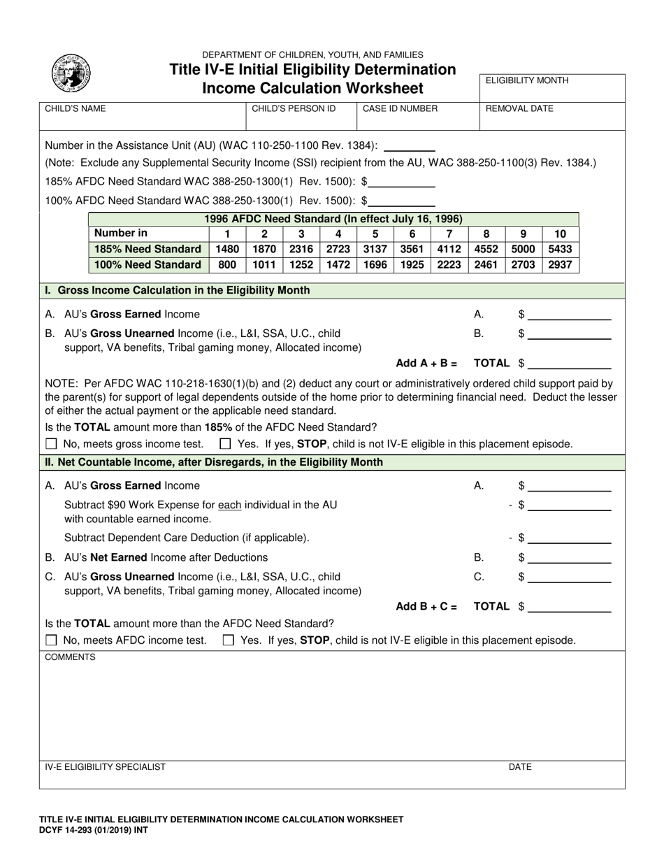 DCYF Form 14-293 Title IV-E Initial Eligibility Determination Income Calculation Worksheet - Washington, Page 1