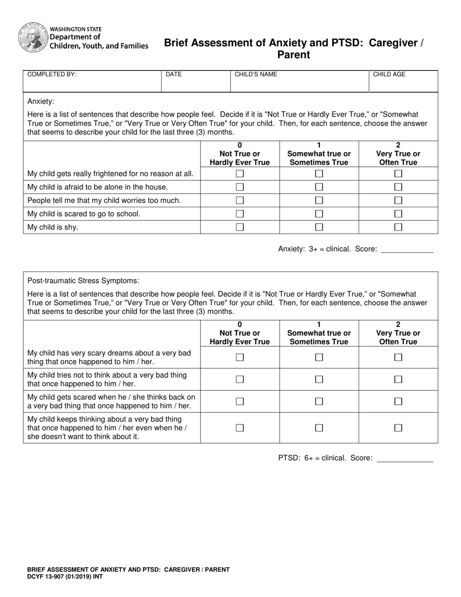 DCYF Form 13-907 Brief Assessment of Anxiety and PTSD: Caregiver / Parent - Washington, Page 1