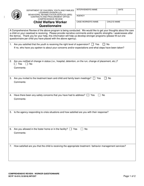 DCYF Form 10-515 Child Welfare Worker Questionnaire - Washington
