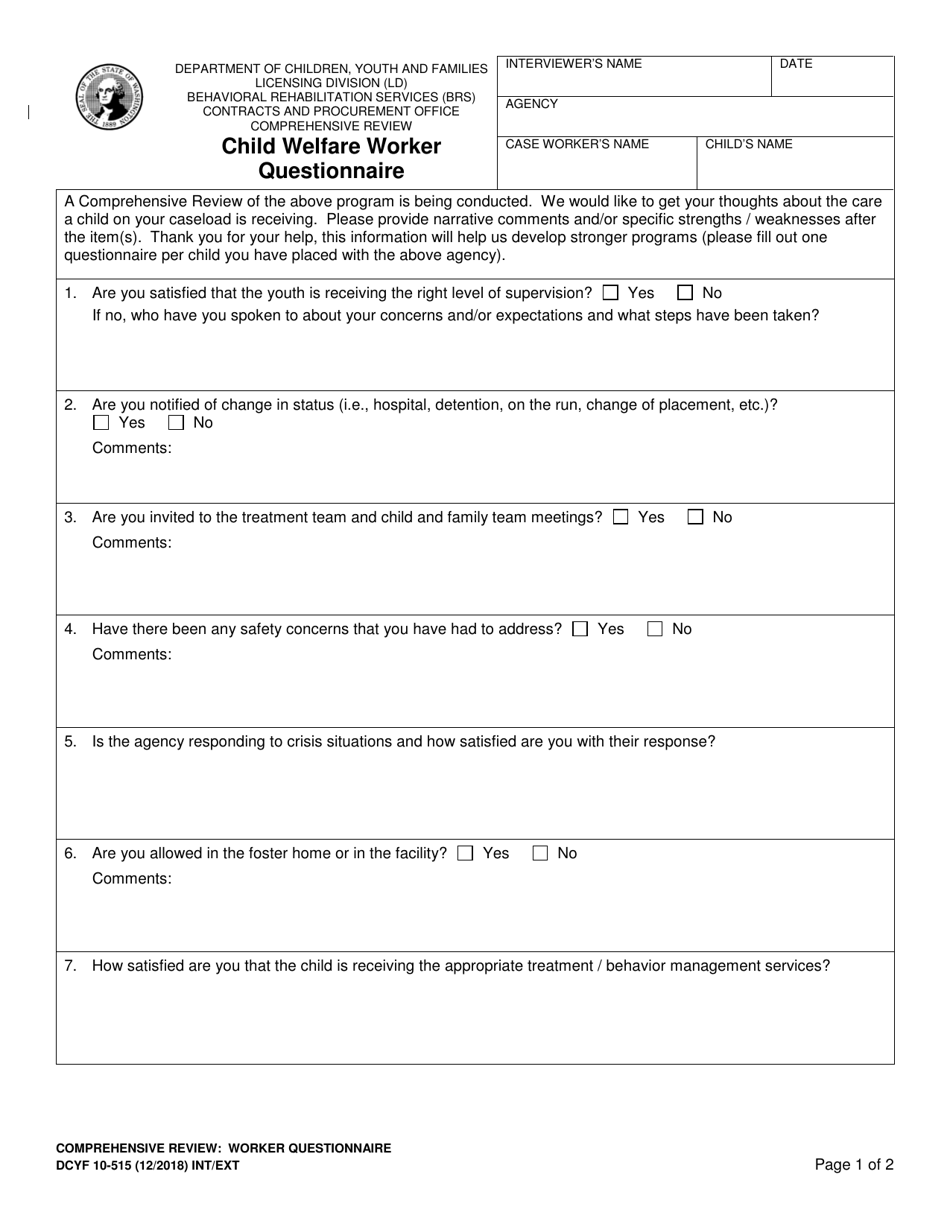 DCYF Form 10-515 Child Welfare Worker Questionnaire - Washington, Page 1