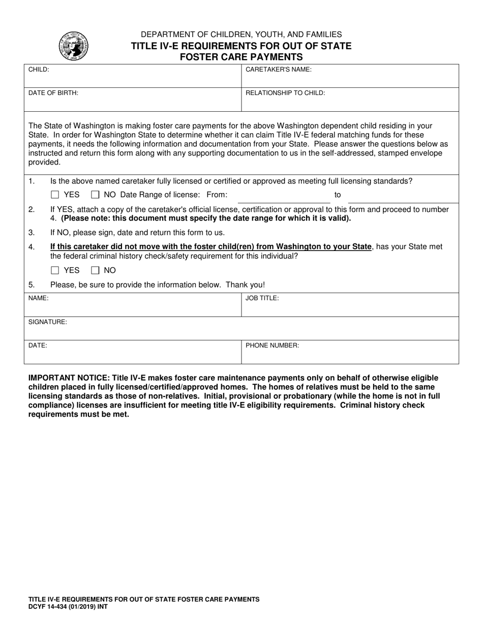 DCYF Form 14-434 Title IV-E Requirements for out of State Foster Care Payments - Washington, Page 1