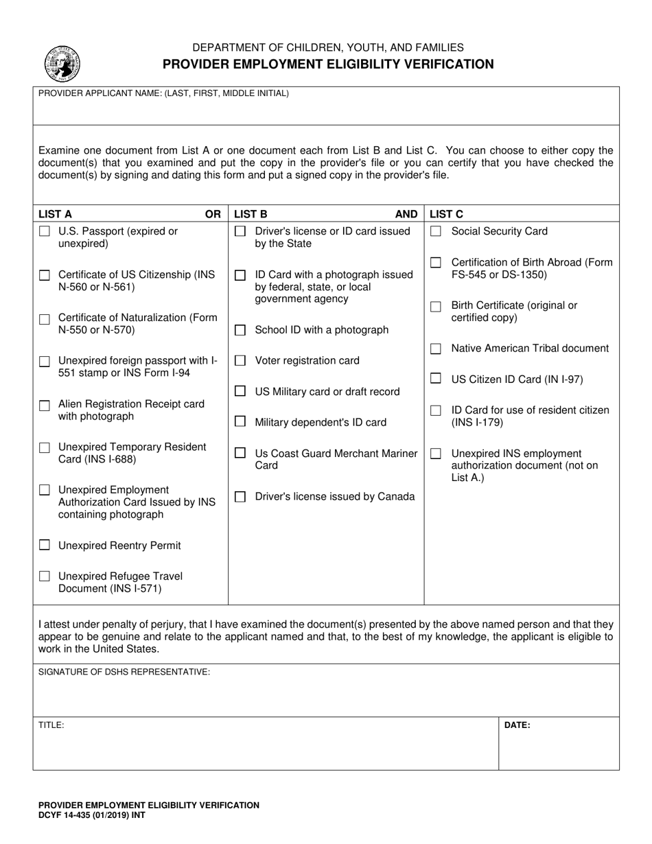 DCYF Form 14435 Download Fillable PDF or Fill Online Provider