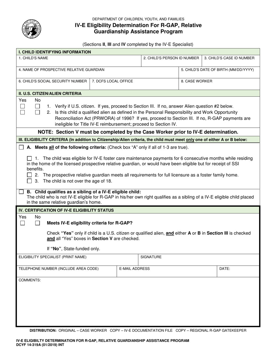 DCYF Form 14-319A IV-E Eligibility Determination for R-Gap, Relative Guardianship Assistance Program - Washington, Page 1