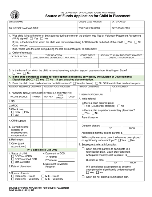 DCYF Form 14-281 Source of Funds Application for Child in Placement - Washington