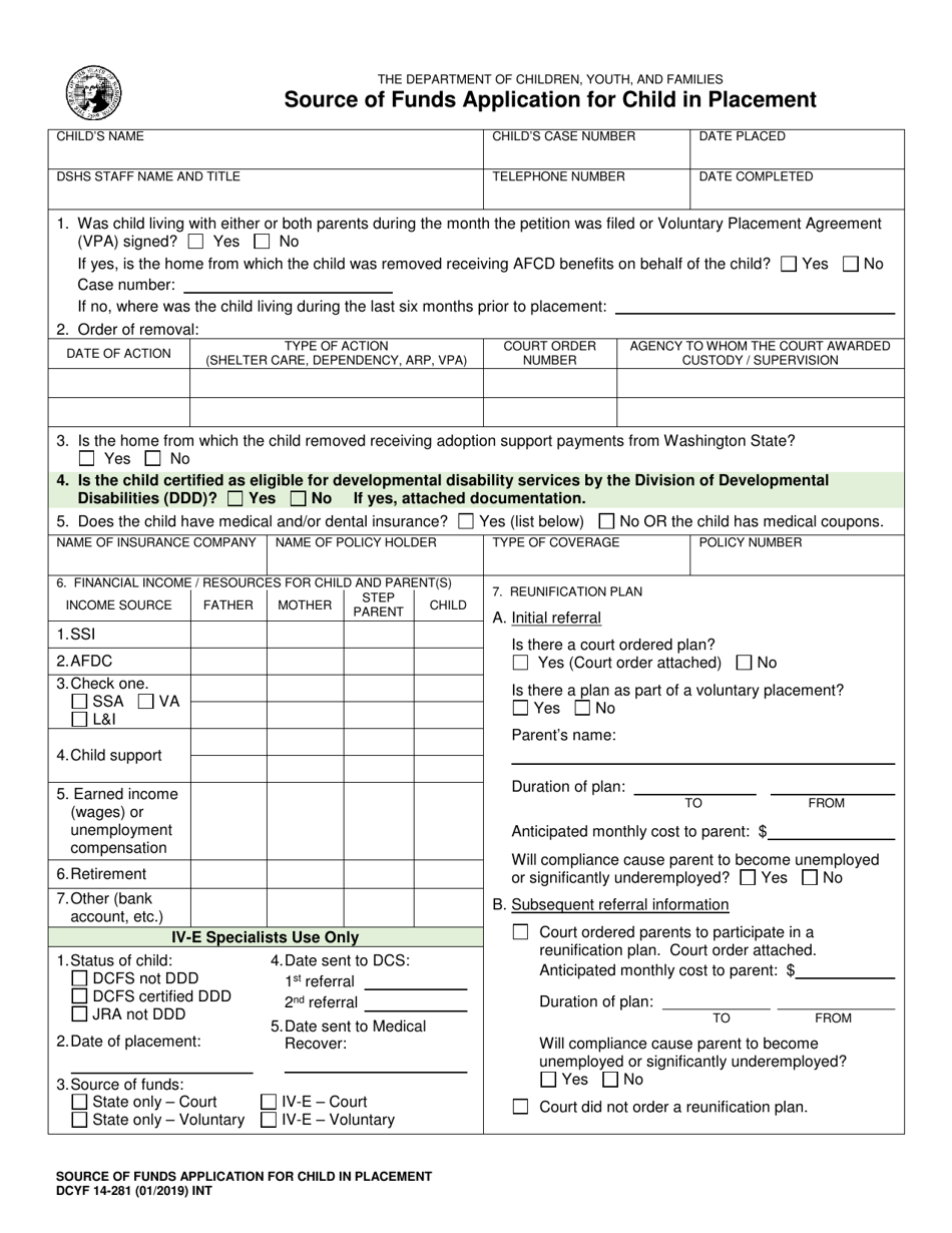 DCYF Form 14-281 Source of Funds Application for Child in Placement - Washington, Page 1