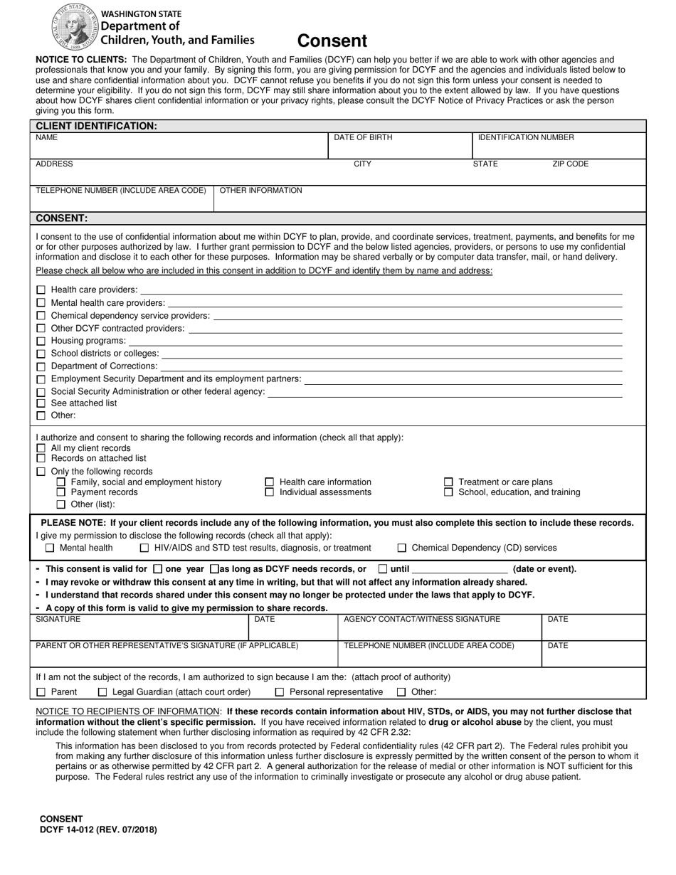 DCYF Form 14-012 - Fill Out, Sign Online and Download Fillable PDF ...