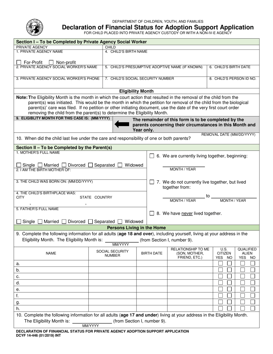 DCYF Form 14-446 Declaration of Financial Status for Adoption Support Application - Washington, Page 1
