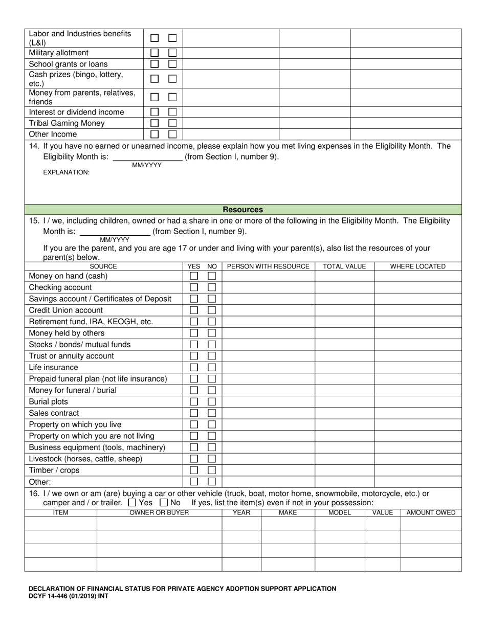 DCYF Form 14-446 Declaration of Financial Status for Adoption Support Application - Washington, Page 3