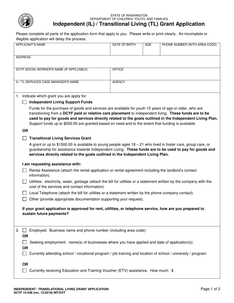 DCYF Form 14-548 Independent (IL) / Transitional Living (Tl) Grant Application - Washington, Page 1