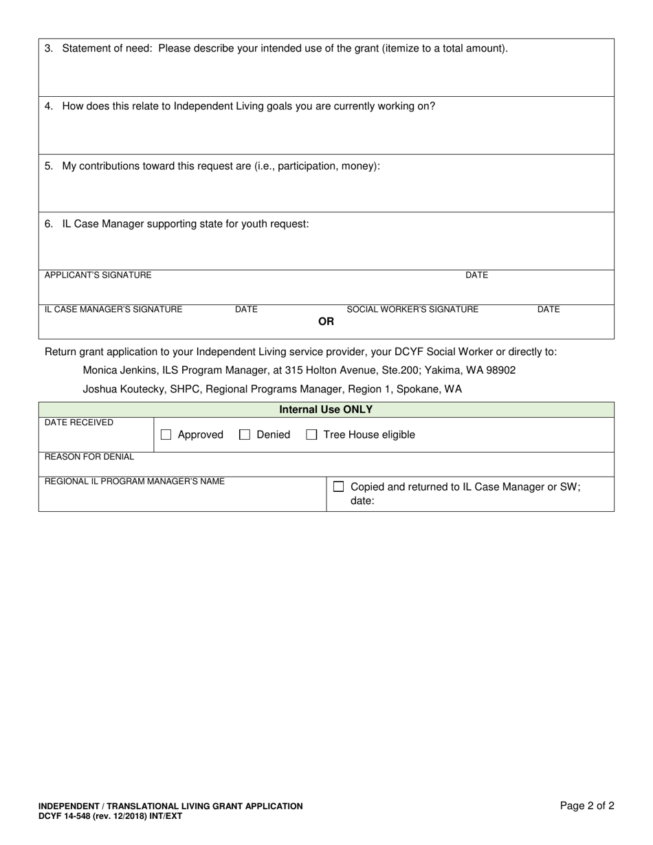 DCYF Form 14-548 Independent (IL) / Transitional Living (Tl) Grant Application - Washington, Page 2