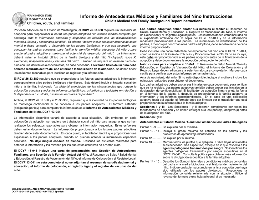DCYF Formulario 13-041 SP Informe De Antecedentes Medicos Y Familiares Del Nino - Washington (Spanish)