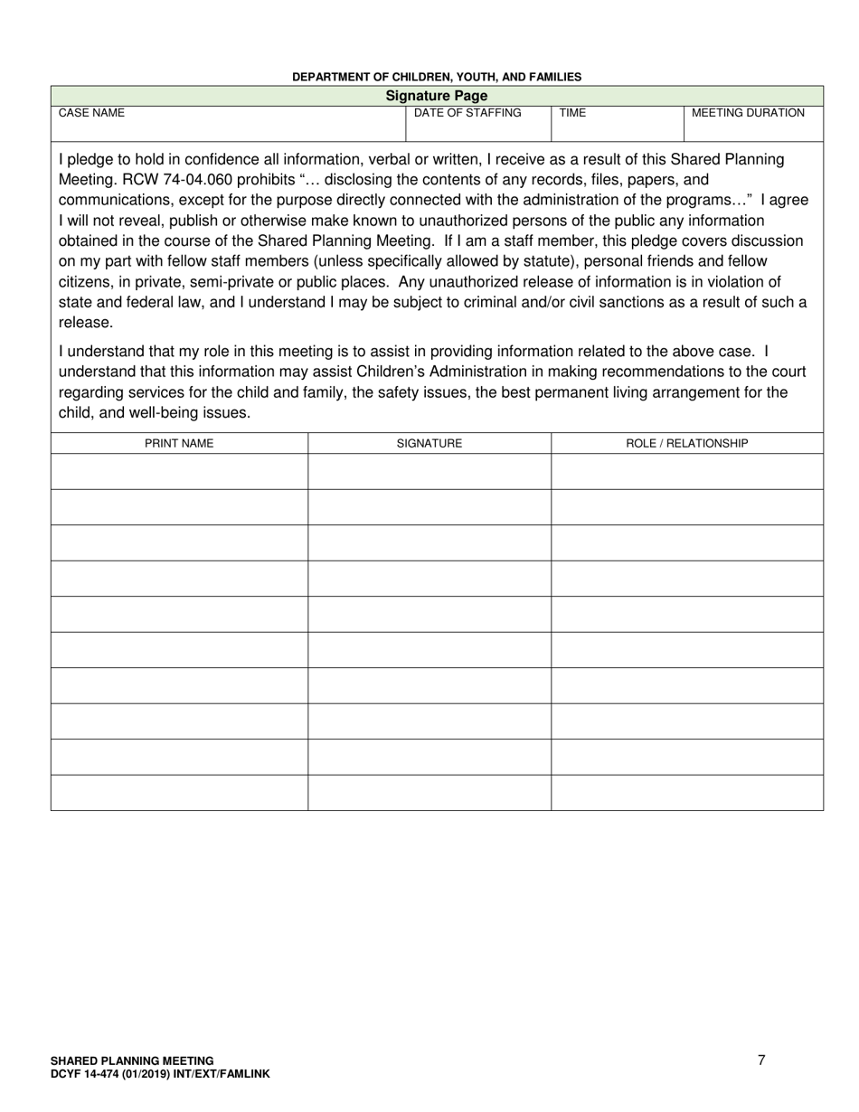 DCYF Form 14-474 Shared Planning Meeting - Washington, Page 7