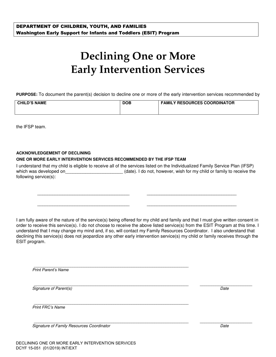 DCYF Form 15-051 Declining One or More Early Intervention Services - Washington, Page 1