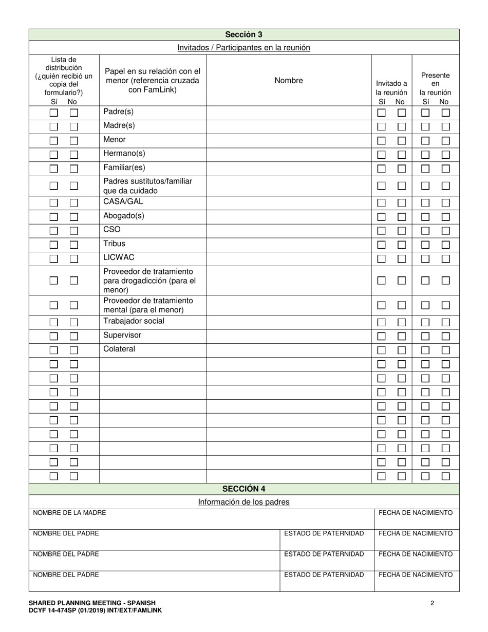 DCYF Formulario 14-474 Reunion De Planificacion Compartida - Washington (Spanish), Page 2