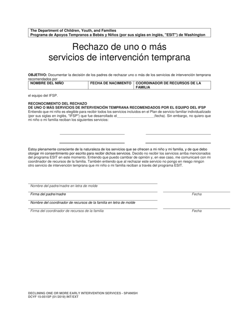 DCYF Formulario 15-051SP Rechazo De Uno O Mas Servicios De Intervencion Temprana - Washington (Spanish)