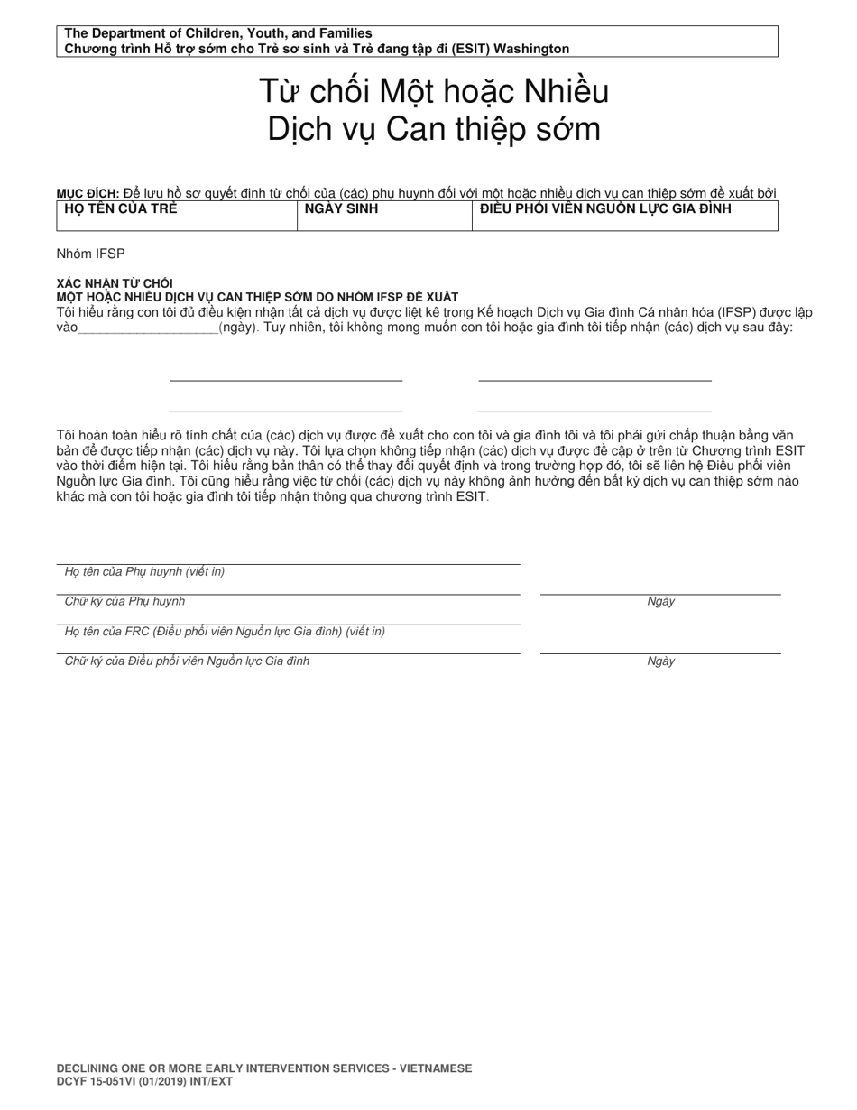 DCYF Form 15-051 Declining One or More Early Intervention Services - Washington (Vietnamese), Page 1