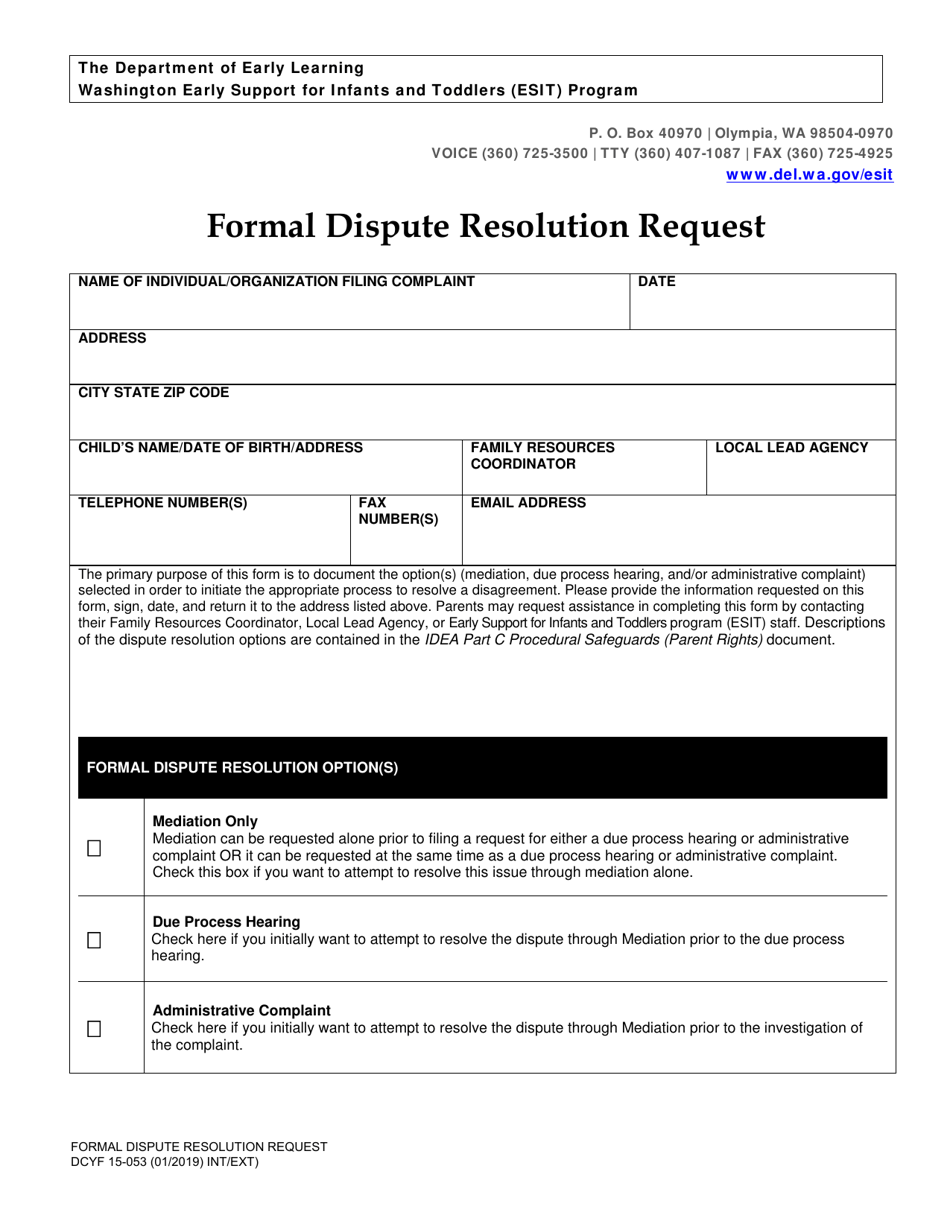 DCYF Form 15-053 Formal Dispute Resolution Request - Washington, Page 1