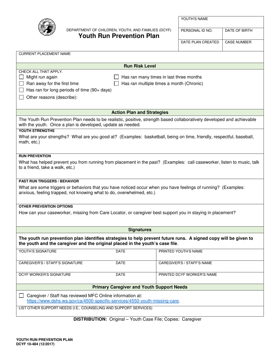DCYF Form 10-484 Youth Run Prevention Plan - Washington, Page 1
