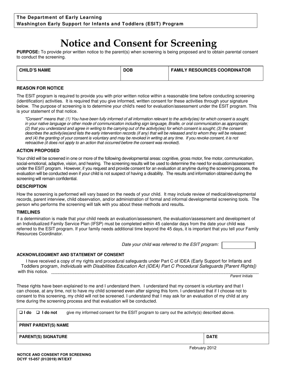 DCYF Form 15-057 Notice and Consent for Screening - Washington, Page 1