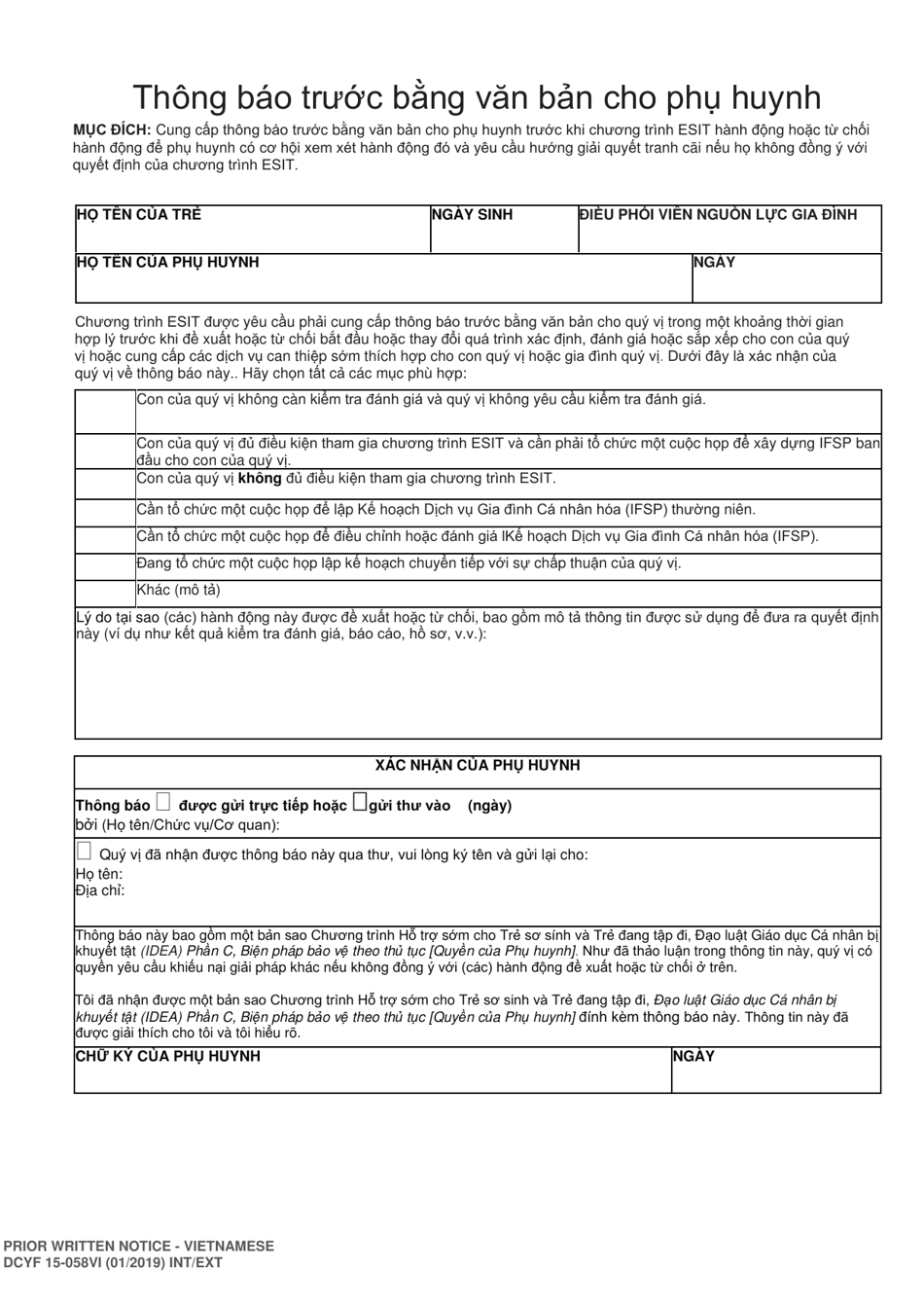 DCYF Form 15-058 Parent Prior Written Notice - Washington (Vietnamese), Page 1