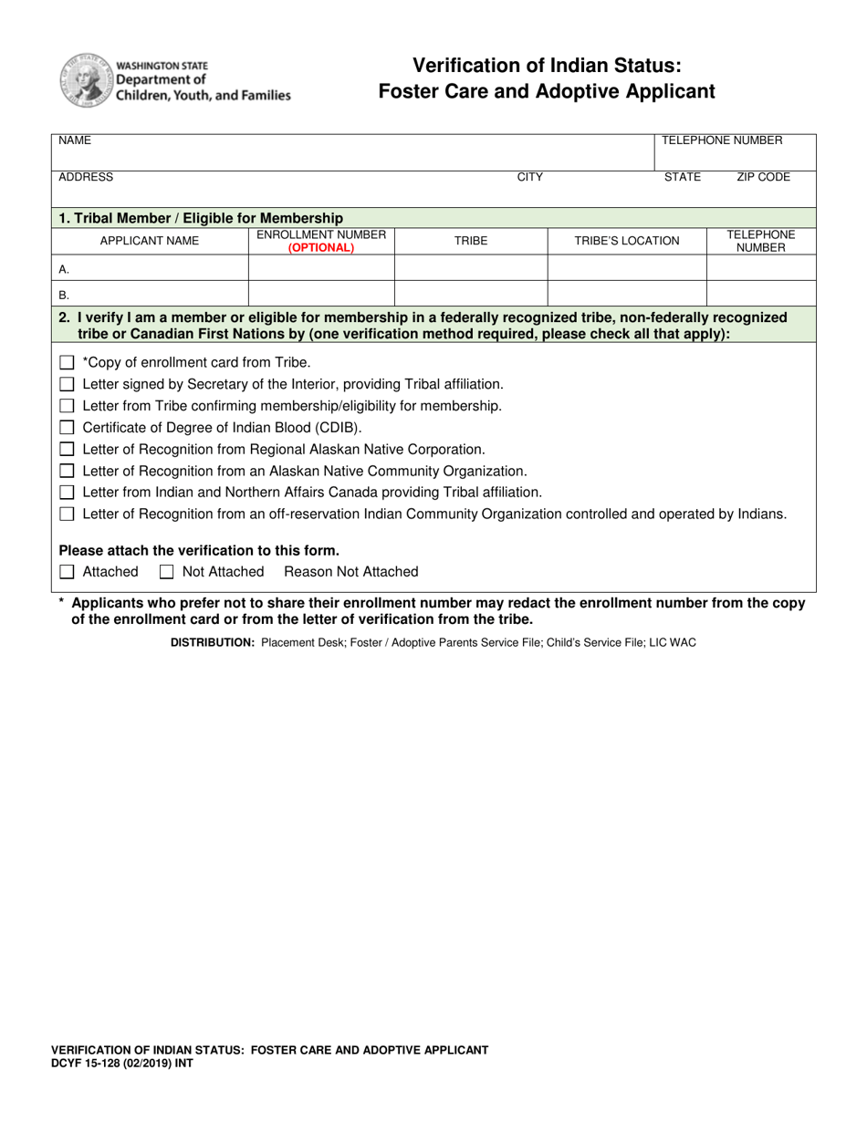 DCYF Form 15-128 Verification of Indian Status: Foster Care and Adoptive Applicant - Washington, Page 1