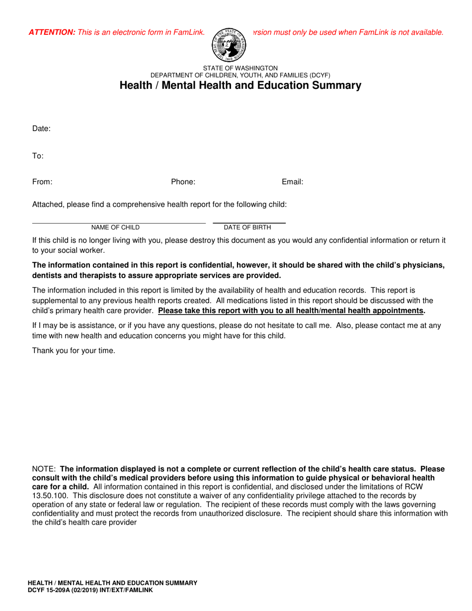 DCYF Form 15-209A Health / Mental Health and Education Summary - Washington, Page 1