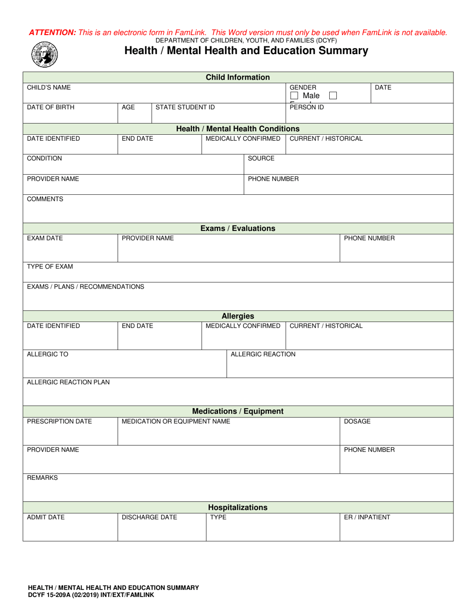 DCYF Form 15-209A Health / Mental Health and Education Summary - Washington, Page 2