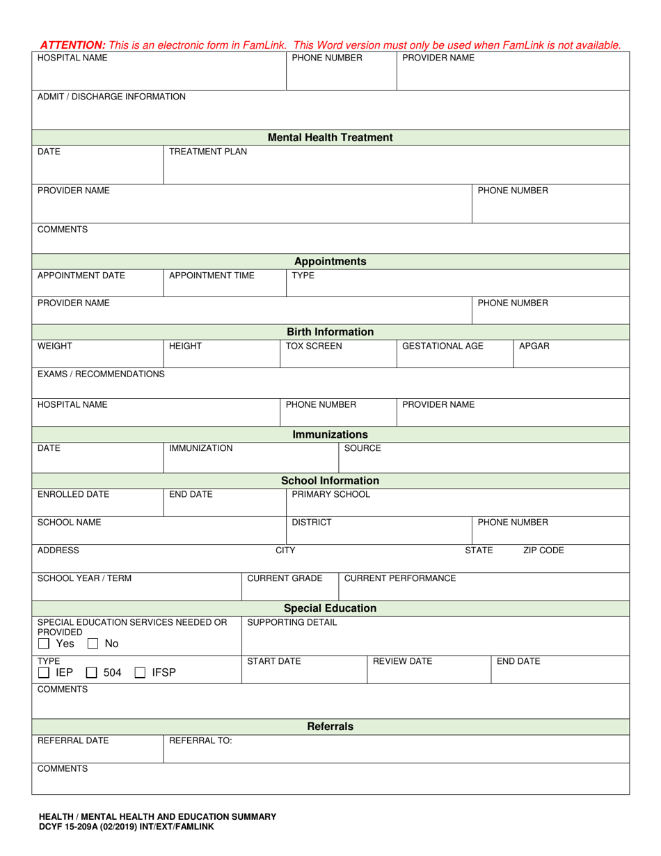 DCYF Form 15-209A Health / Mental Health and Education Summary - Washington, Page 3