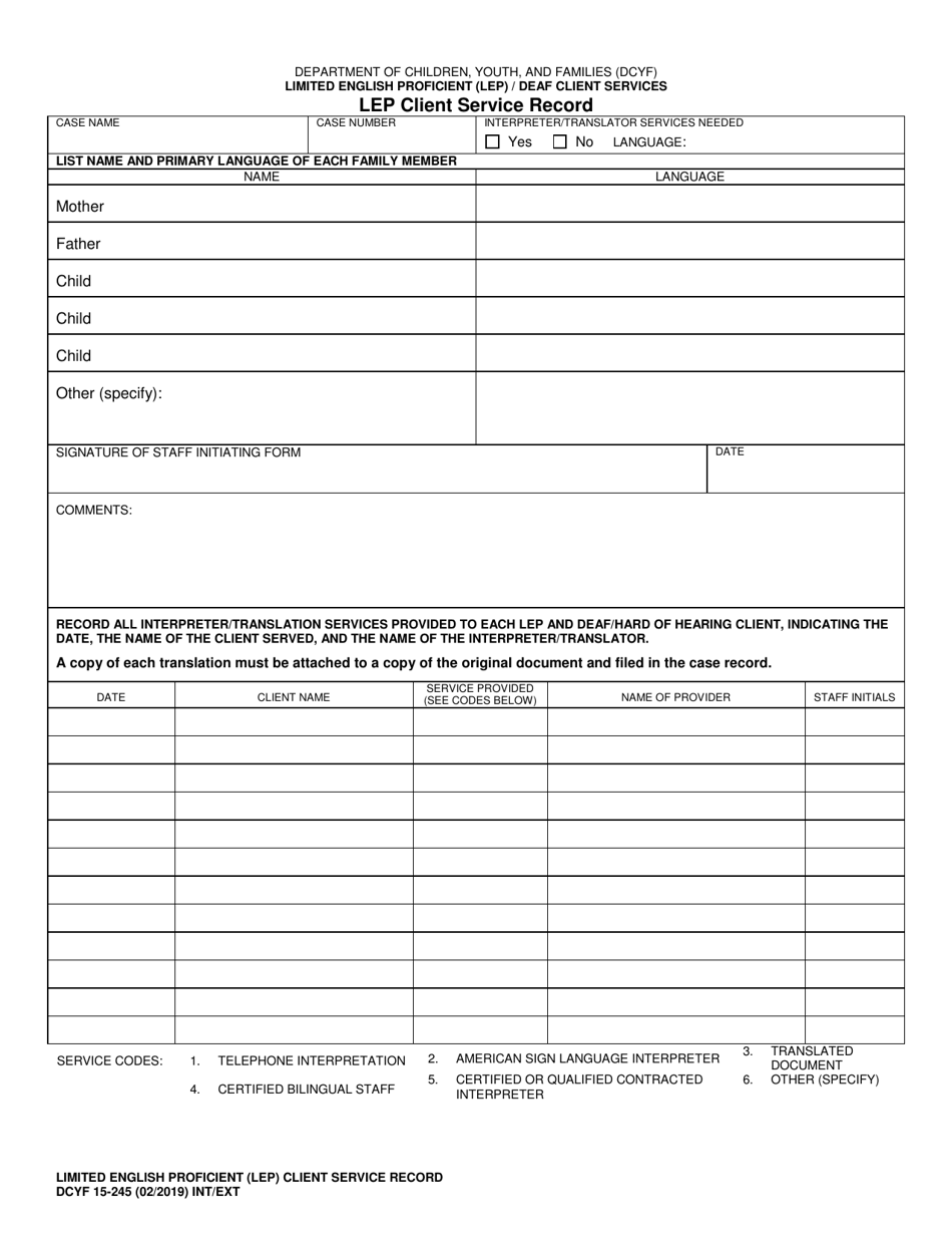 DCYF Form 15-245 Lep Client Service Record - Washington, Page 1